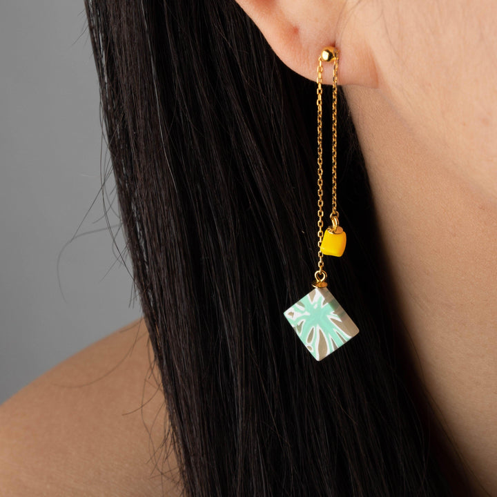 Dangle Adjustable Earrings - Mint and Yellow Organic Geometric - Jesnomi