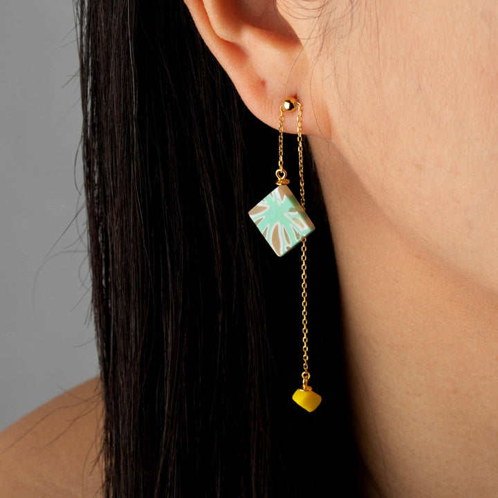 Dangle Adjustable Earrings - Mint and Yellow Organic Geometric - Jesnomi