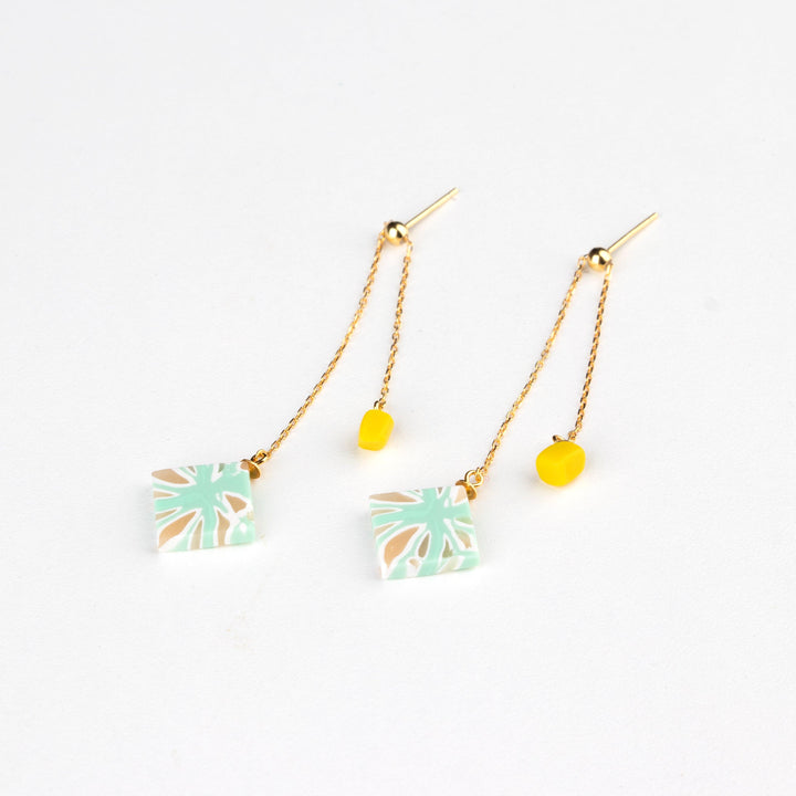 Dangle Adjustable Earrings - Mint and Yellow Organic Geometric - Jesnomi