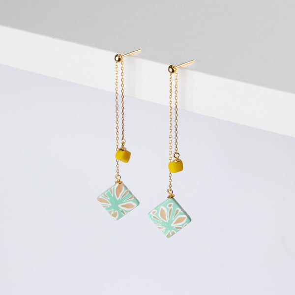 Dangle Adjustable Earrings - Mint and Yellow Organic Geometric - Jesnomi