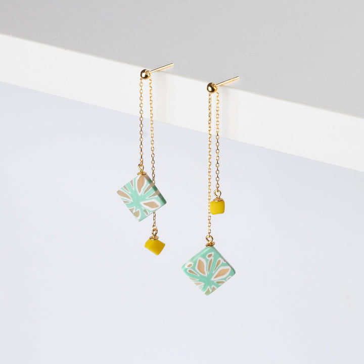 Dangle Adjustable Earrings - Mint and Yellow Organic Geometric - Jesnomi