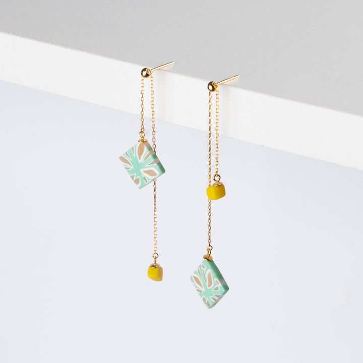 Dangle Adjustable Earrings - Mint and Yellow Organic Geometric - Jesnomi