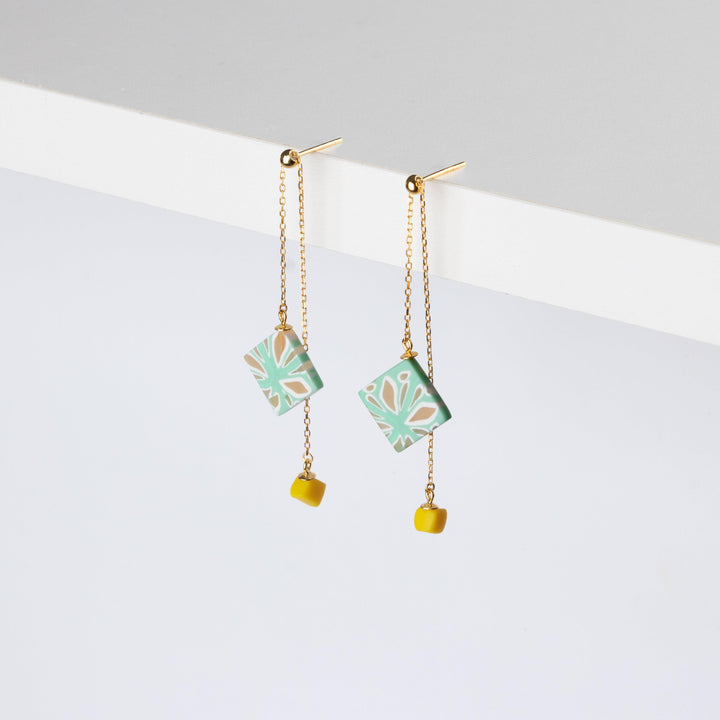 Dangle Adjustable Earrings - Mint and Yellow Organic Geometric - Jesnomi