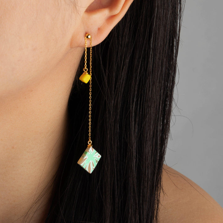 Dangle Adjustable Earrings - Mint and Yellow Organic Geometric - Jesnomi