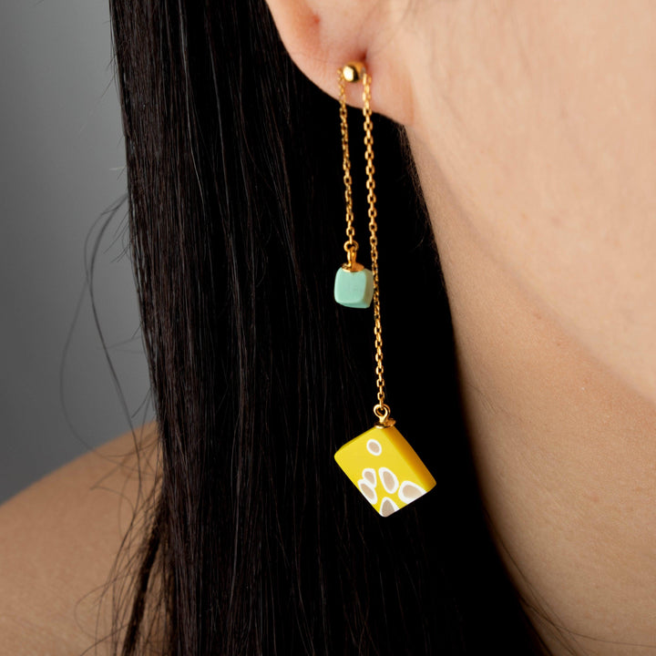 Dangle Adjustable Earrings - Yellow and Aqua Shibori - Jesnomi