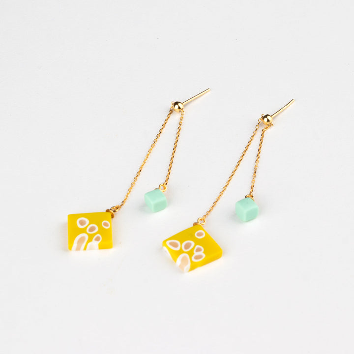 Dangle Adjustable Earrings - Yellow and Aqua Shibori - Jesnomi