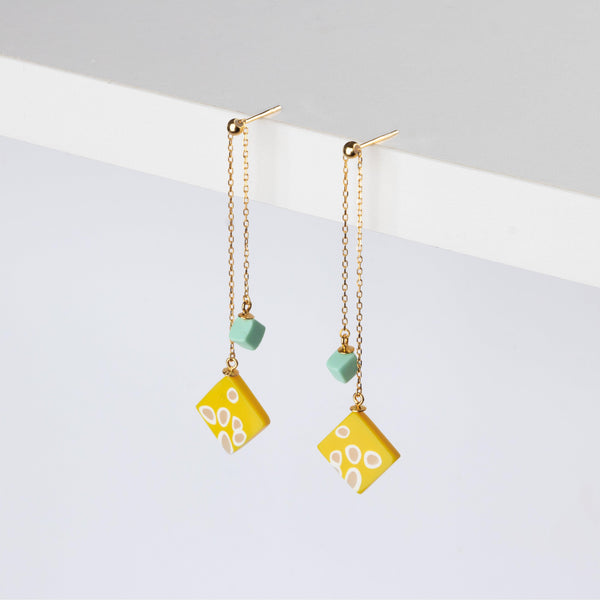 Dangle Adjustable Earrings - Yellow and Aqua Shibori - Jesnomi