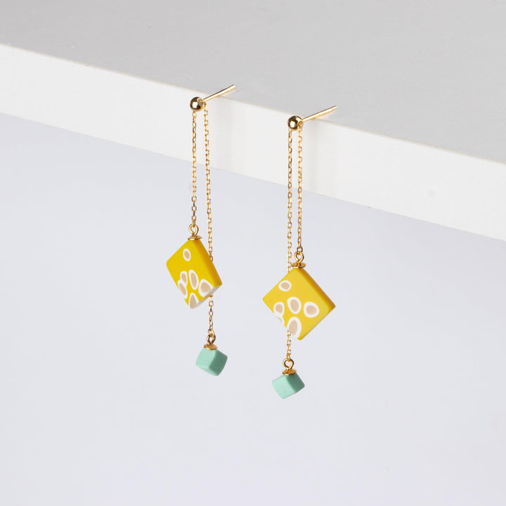 Dangle Adjustable Earrings - Yellow and Aqua Shibori - Jesnomi