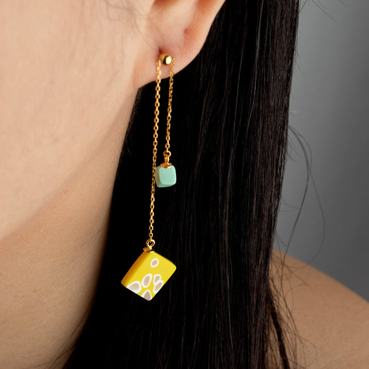 Dangle Adjustable Earrings - Yellow and Aqua Shibori - Jesnomi