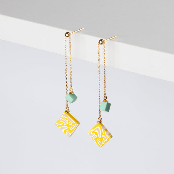 Dangle Adjustable Earrings - Yellow and Aqua Organic Geometric - Jesnomi