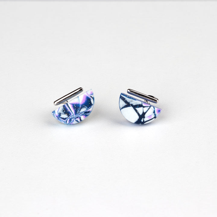 Fancy Semi-circular Stud Earrings - Silver Blue Marble - Jesnomi