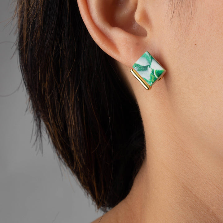 Fancy Stud Earrings - Gold Green White Marble - Jesnomi