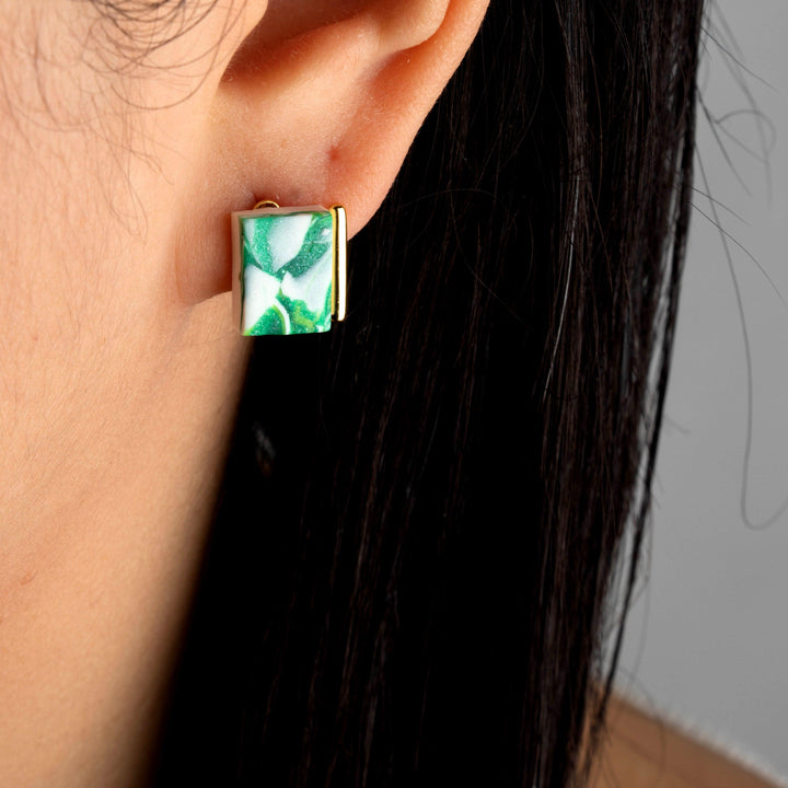 Fancy Stud Earrings - Gold Green White Marble - Jesnomi