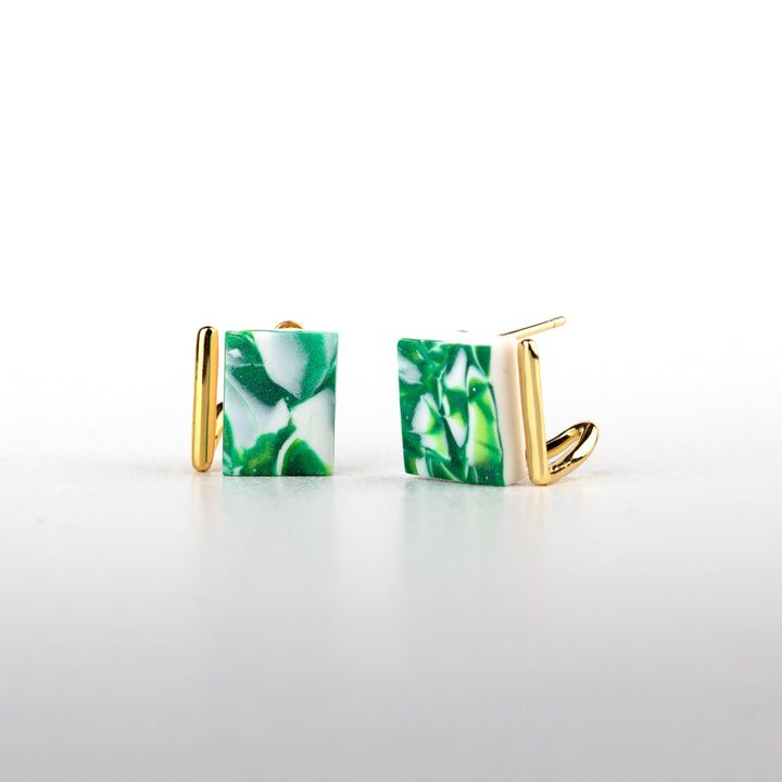 Fancy Stud Earrings - Gold Green White Marble - Jesnomi