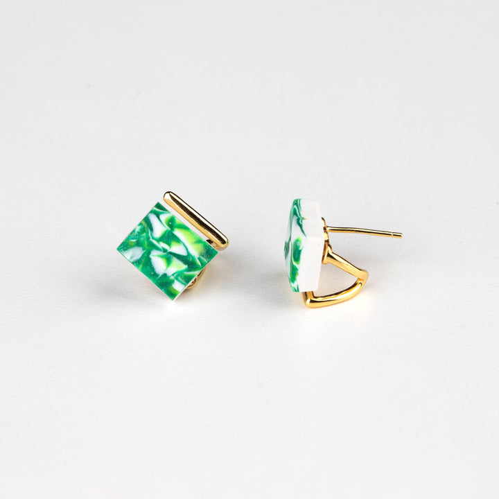 Fancy Stud Earrings - Gold Green White Marble - Jesnomi