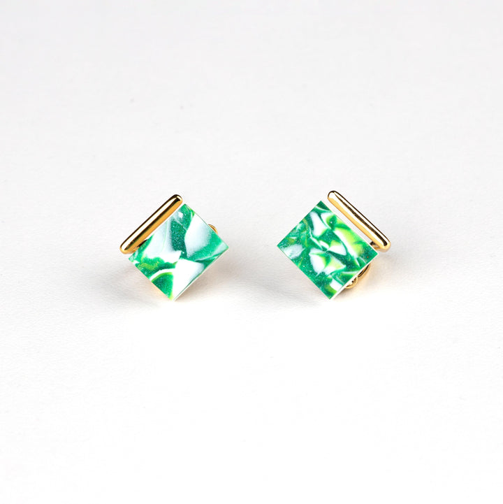 Fancy Square Stud Earrings - Gold Green White Marble - Jesnomi