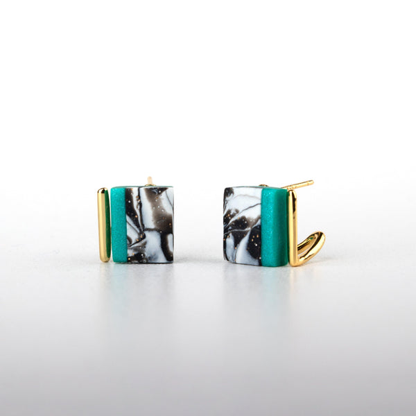 Fancy Stud Earrings - Gold Green Black Marble - Jesnomi