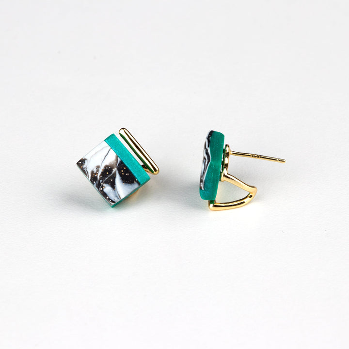 Fancy Stud Earrings - Gold Green Black Marble - Jesnomi