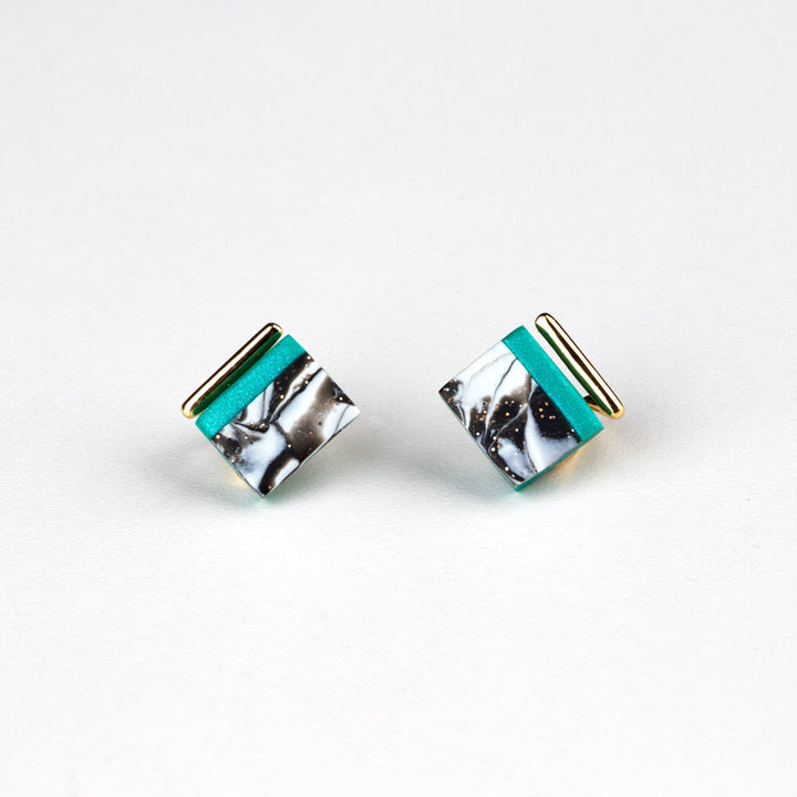 Fancy Stud Earrings - Gold Green Black Marble - Jesnomi