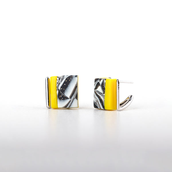 Fancy Square Stud Earrings - Silver Yellow Black Marble