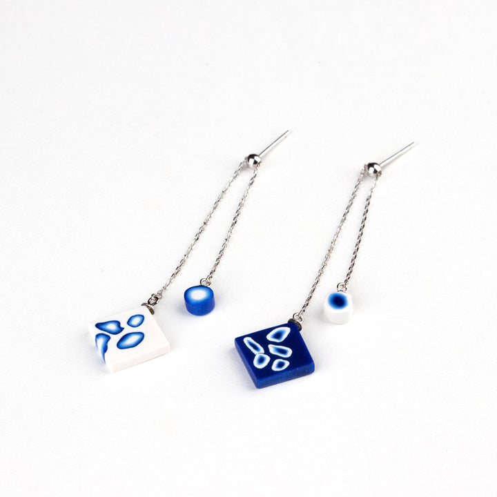 Dangle Adjustable Earrings - Blue and White Shibori - Jesnomi