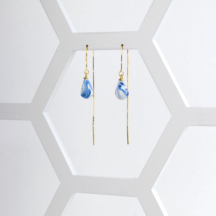 Teardrop Threader Earrings - Blue and White - Jesnomi