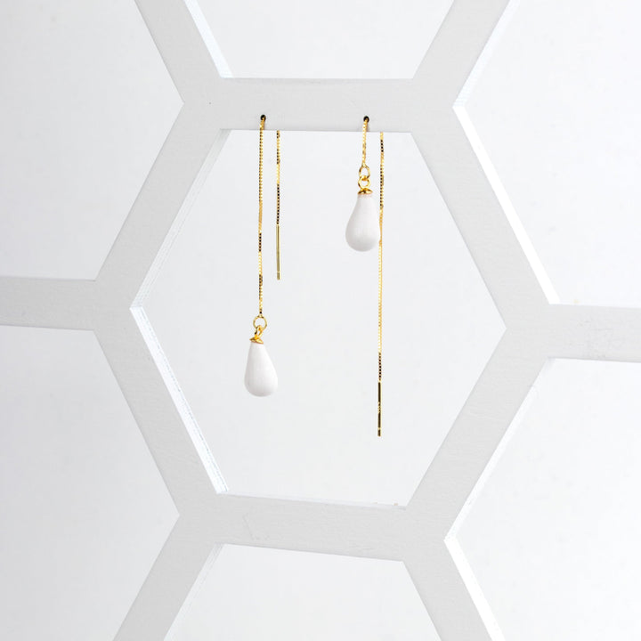 Teardrop Threader Earrings - White - Jesnomi